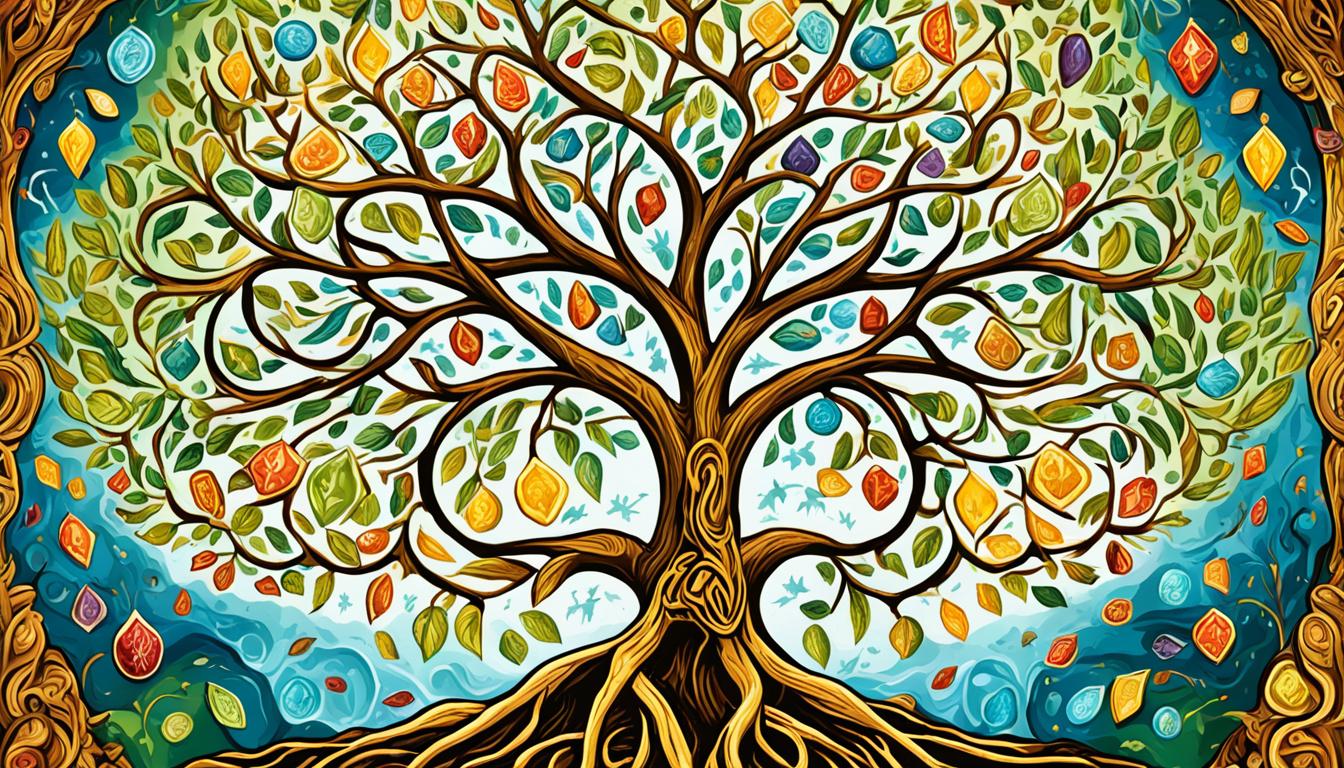 An image of a tree with roots firmly anchored in the ground, surrounded by symbols of abundance and prosperity such as gold coins or jewels. The trunk of the tree should be filled with colorful, swirling patterns that represent positive money affirmations, like "I am open to receiving abundance," "I trust that the universe will provide for me," and "Money flows to me easily and effortlessly." The leaves of the tree should be green and vibrant, representing growth and new opportunities. The overall feeling of the image should be one of positivity, abundance, and empowerment.