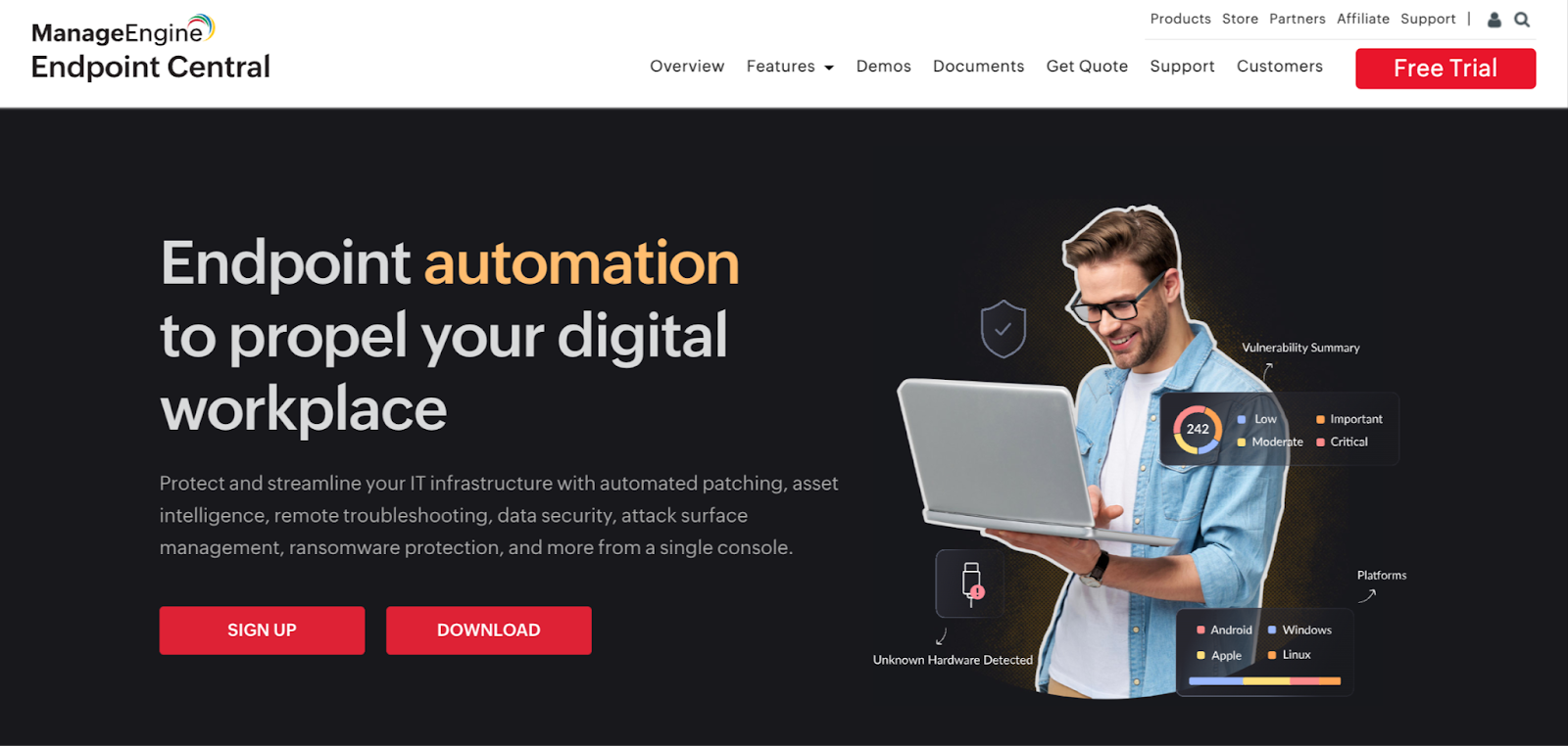 ManageEngine Endpoint Central homepage picture. It says, "Endpoint automation to propel your digital workplace."
