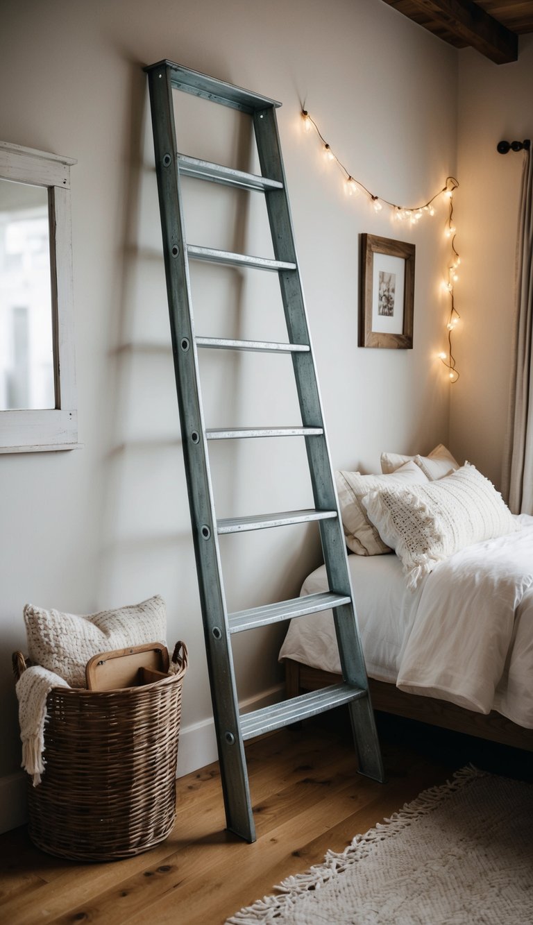 A galvanized metal ladder leans against a rustic farmhouse bedroom wall, surrounded by cozy decor and soft lighting