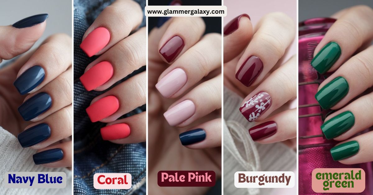 Five sets of hands with different colored polished nails labeled Navy Blue, Coral, Pale Pink, Burgundy, Emerald Green.