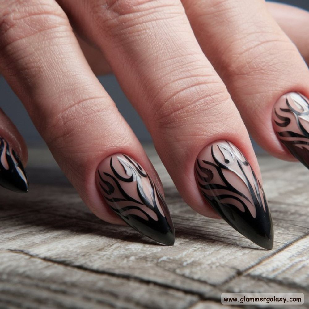 Black Fall Nails having Negative Space Artistry
