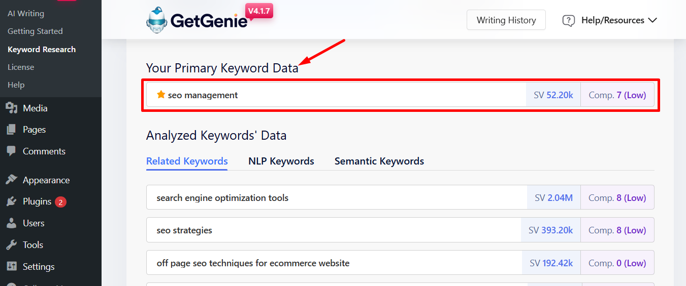 See your primary keyword data with GetGenie's keyword research feature