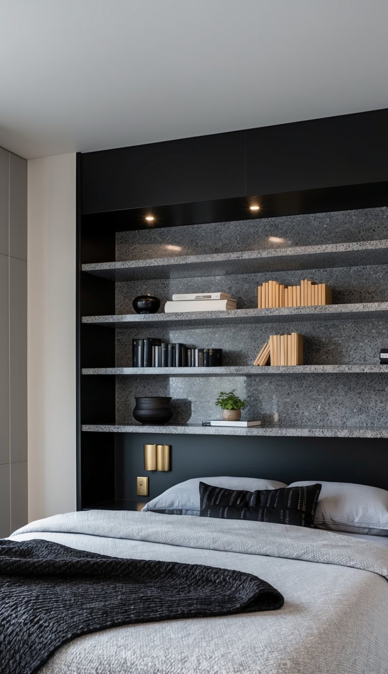 A bedroom with granite gray shelves and a color scheme of black and gray