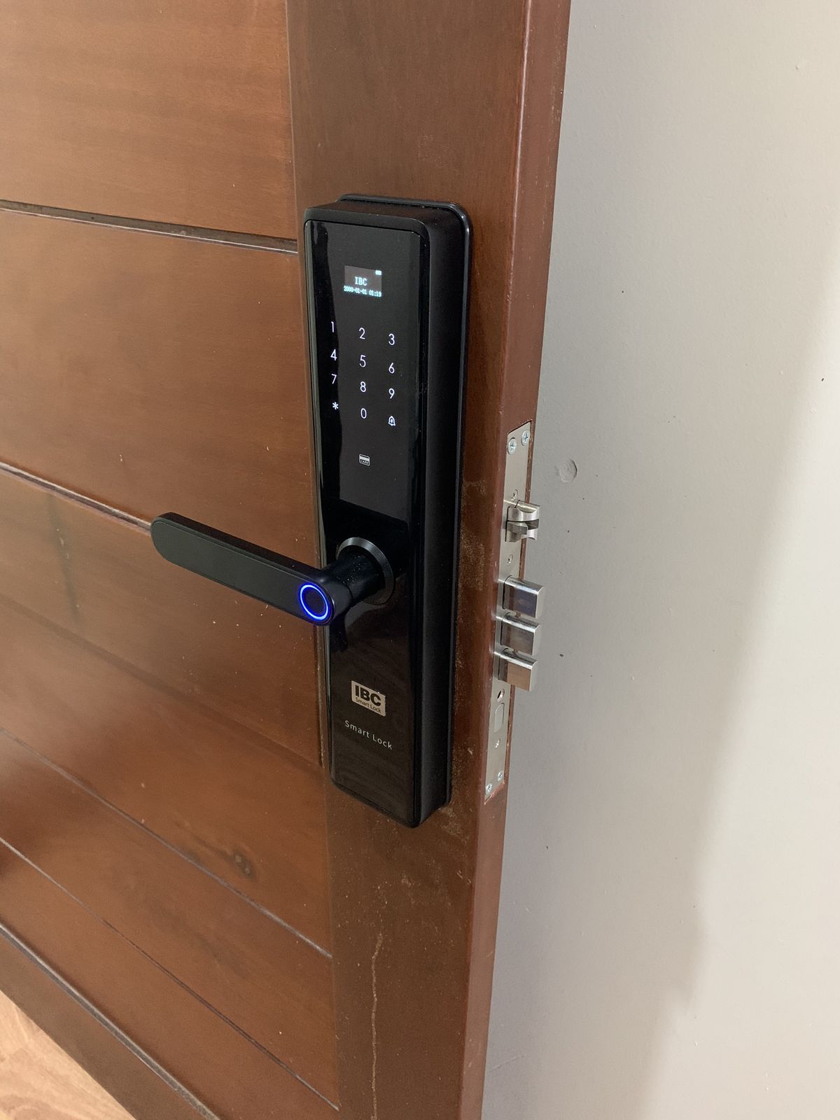 Pintu minimalis model garis dilengkapi dengan gagang pintu digital atau smart lock ramping.