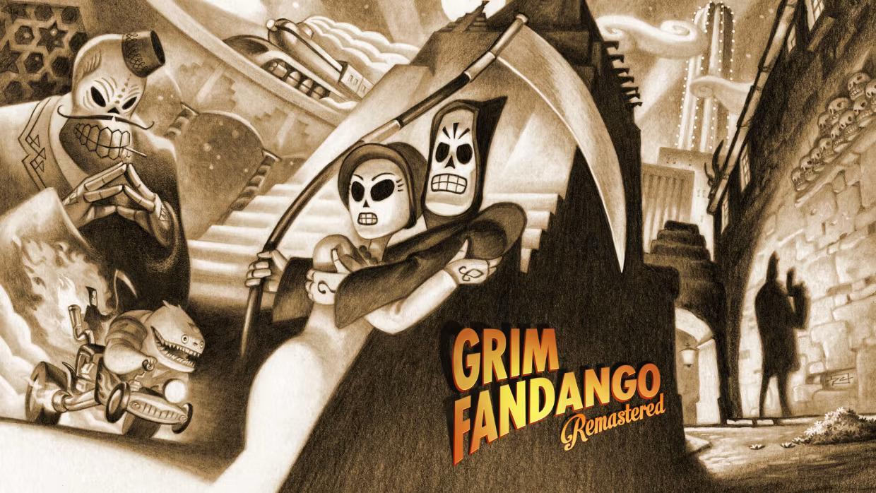 The Official Picture of Grim Fandango Remastered with its characters, one of the best retro games on Steam
