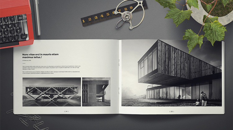 A top view of an open architecture book displaying monochrome images of modern buildings - design tips for your architecture portfolio.