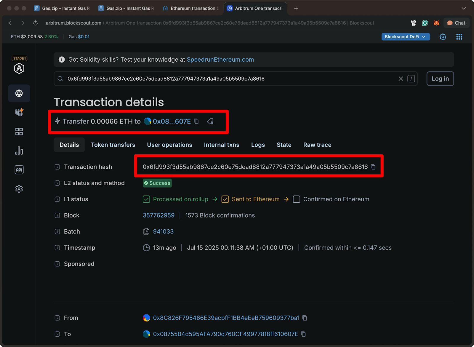 Arbitrum One transaction details on Blockscout showing 0.00066 ETH transfer to wallet 0x08...607E, with L2 and L1 confirmation status, block number, and transaction hash