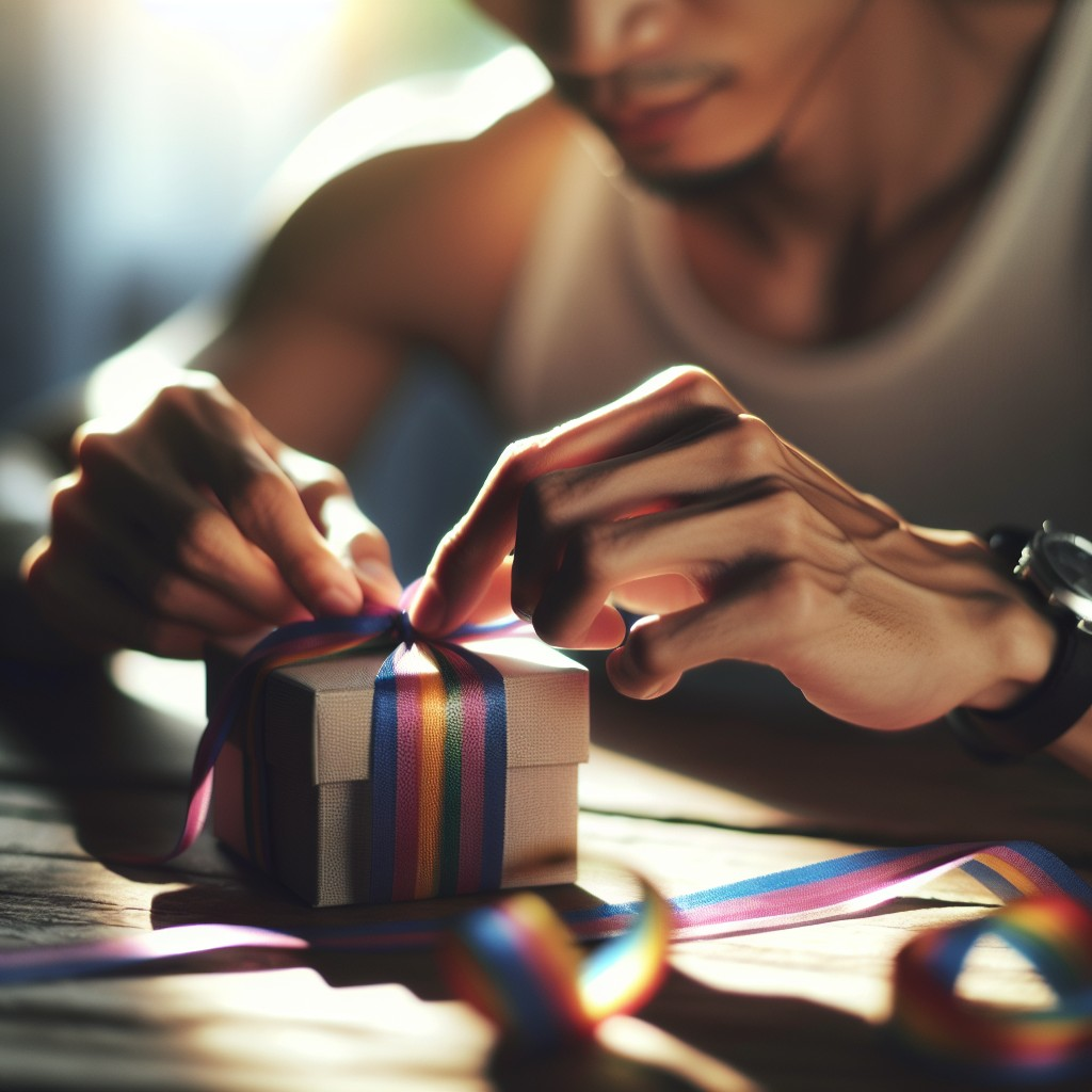 person tying rainbow ribbon on small gift box