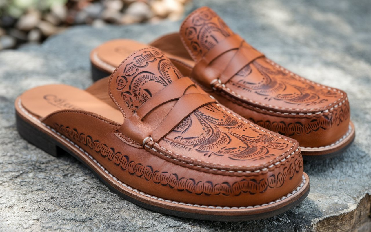 Coldwater Creek Brown Tooled Leather Mules