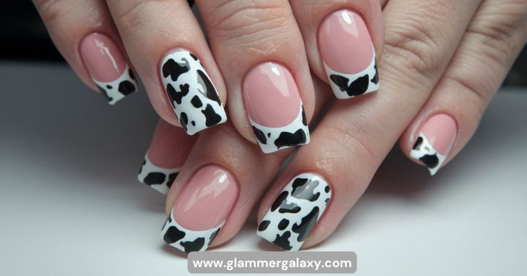 Close-up of nails with cow print French tips design, pink base, on a hand.