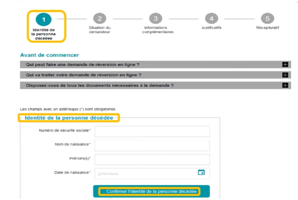 caoture d'écran de la page Identification du défunt