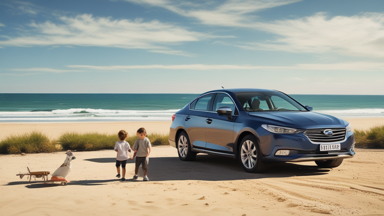 Family at Adelaide beach with car