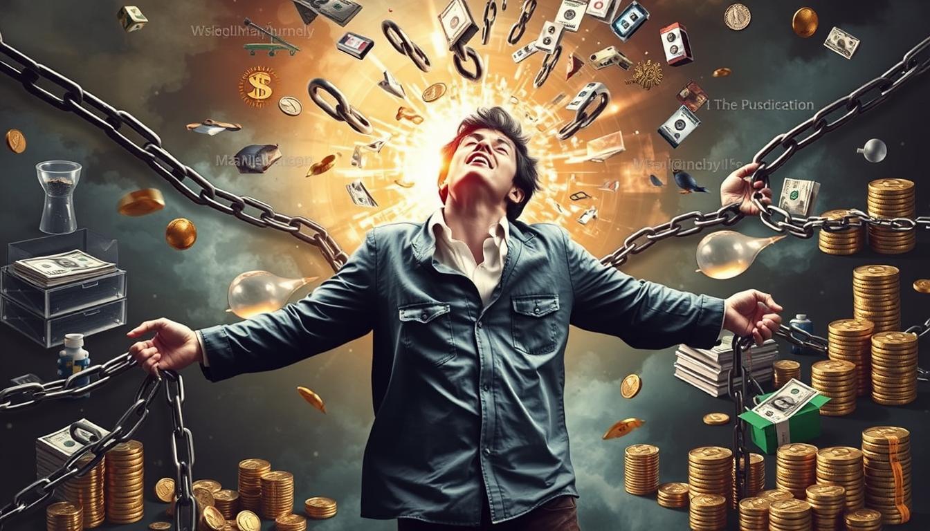 An image of a person breaking free from chains, with the chains representing limiting beliefs. Show the person surrounded by positive affirmations and visualizations, such as a vision board or manifestation journal. Include symbols of abundance and prosperity, such as stacks of money, coins, and success-related items. Show the person radiating a sense of confidence and empowerment as they manifest their desires in just 5 minutes.