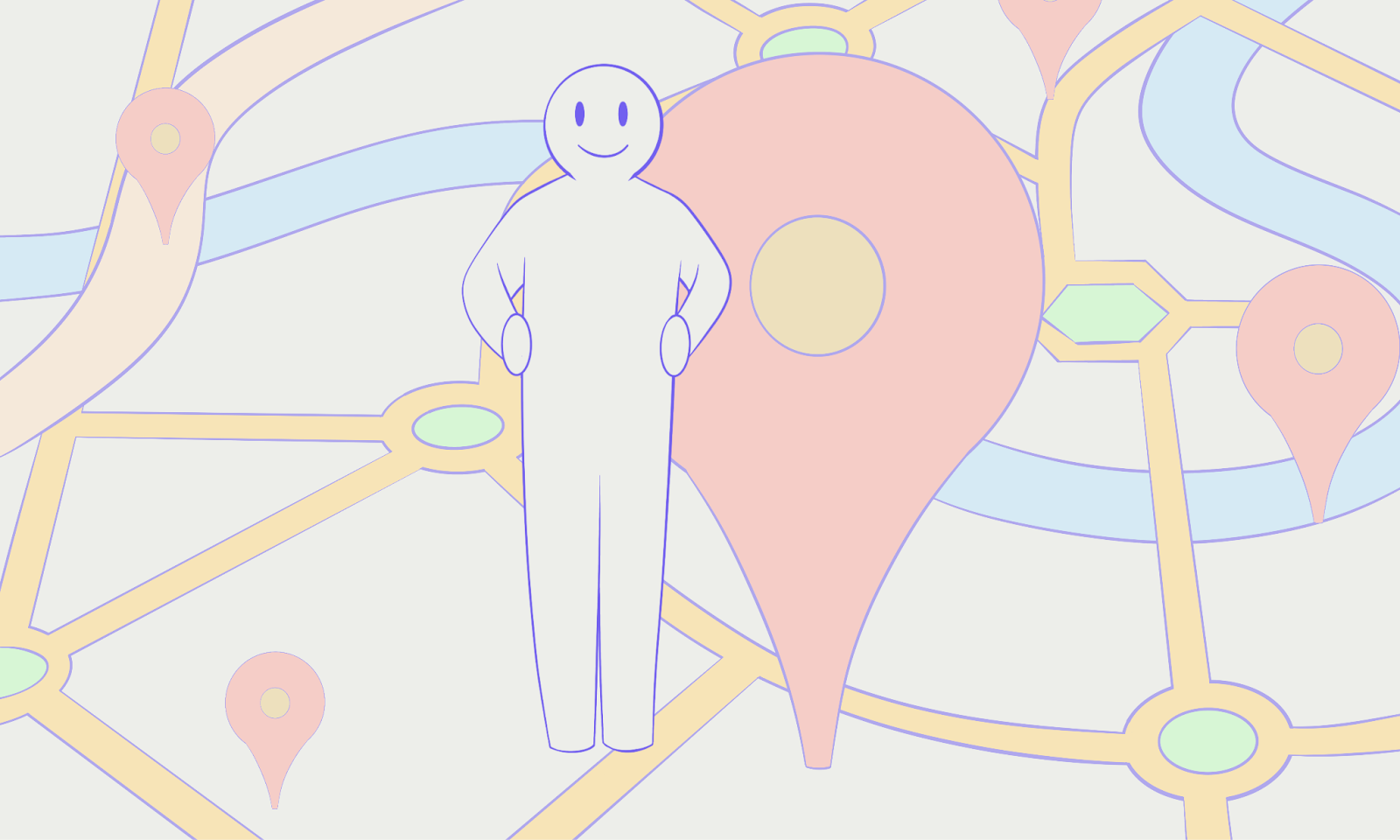 Alt; A cartoon character standing on a map point with hands on his waist