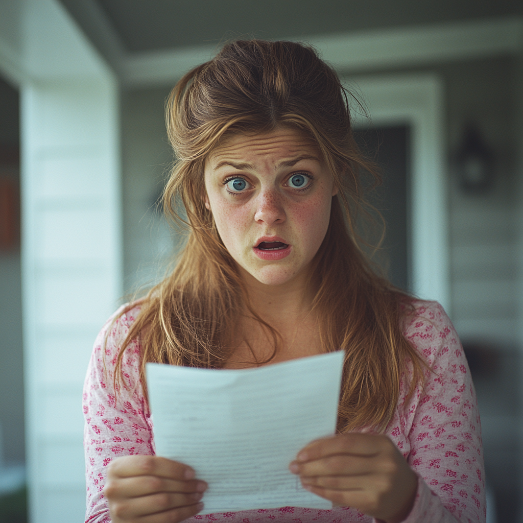 A shocked woman reading a note | Source: Midjourney