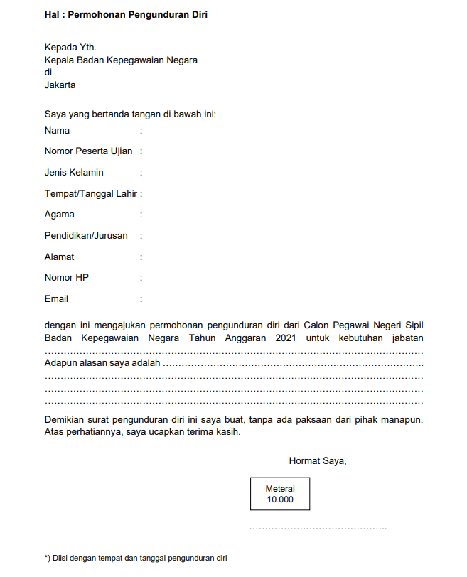 Surat Pengunduran Diri dari CPNS
