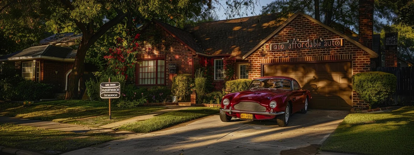 a shiny red car parked outside a quaint brick house in tulsa, oklahoma with a 