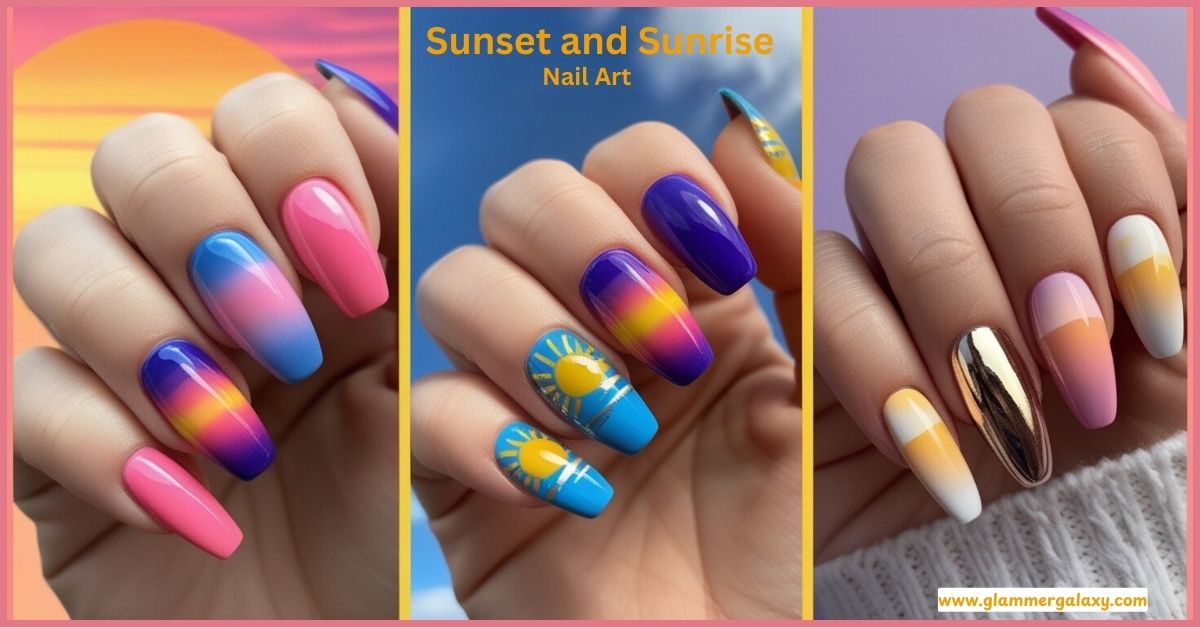 Three photos showcasing nail art inspired by sunsets and sunrises with vibrant colors.