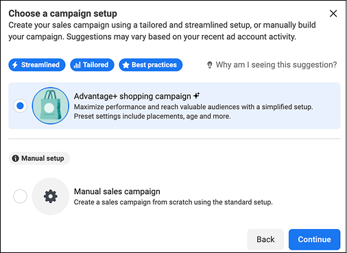 Advantage+ Sales campaign setup screenshot
