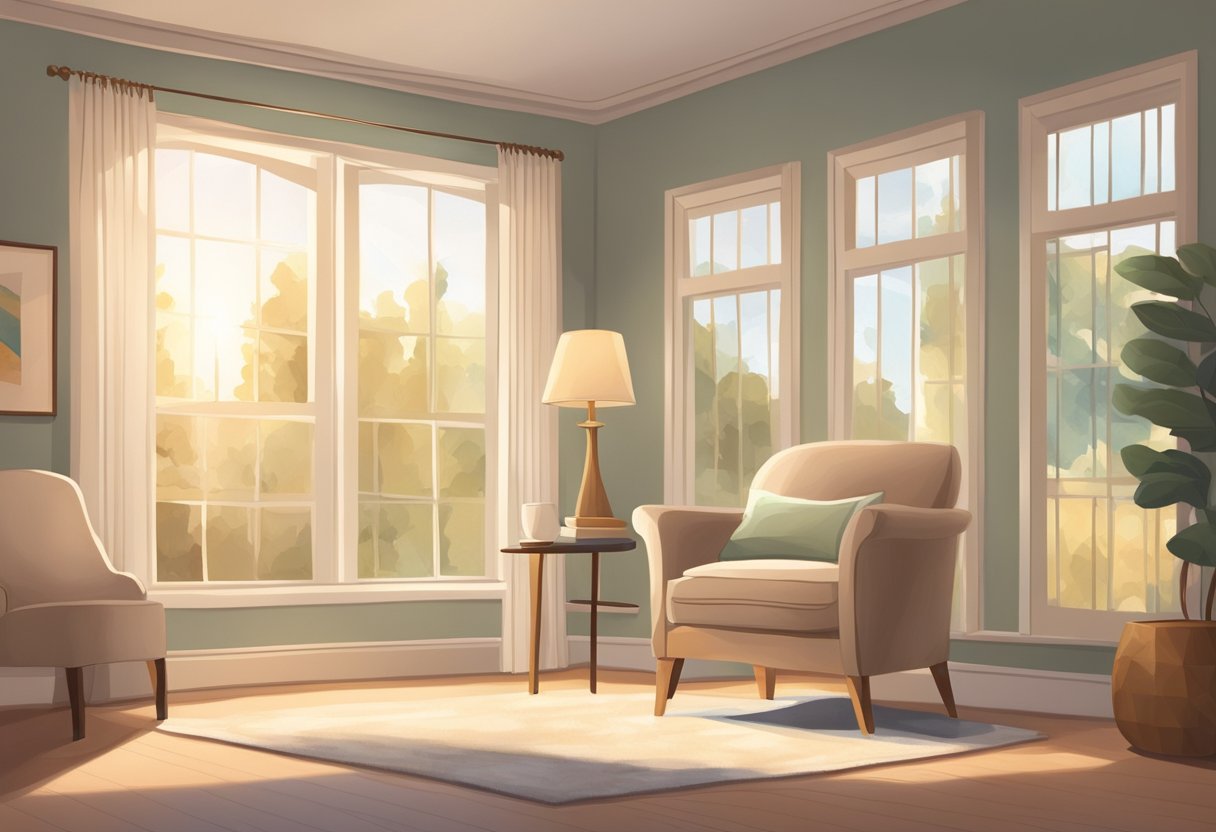 A serene setting with a single chair facing a large window, casting warm natural light onto a cozy room with soft colors and comforting decor