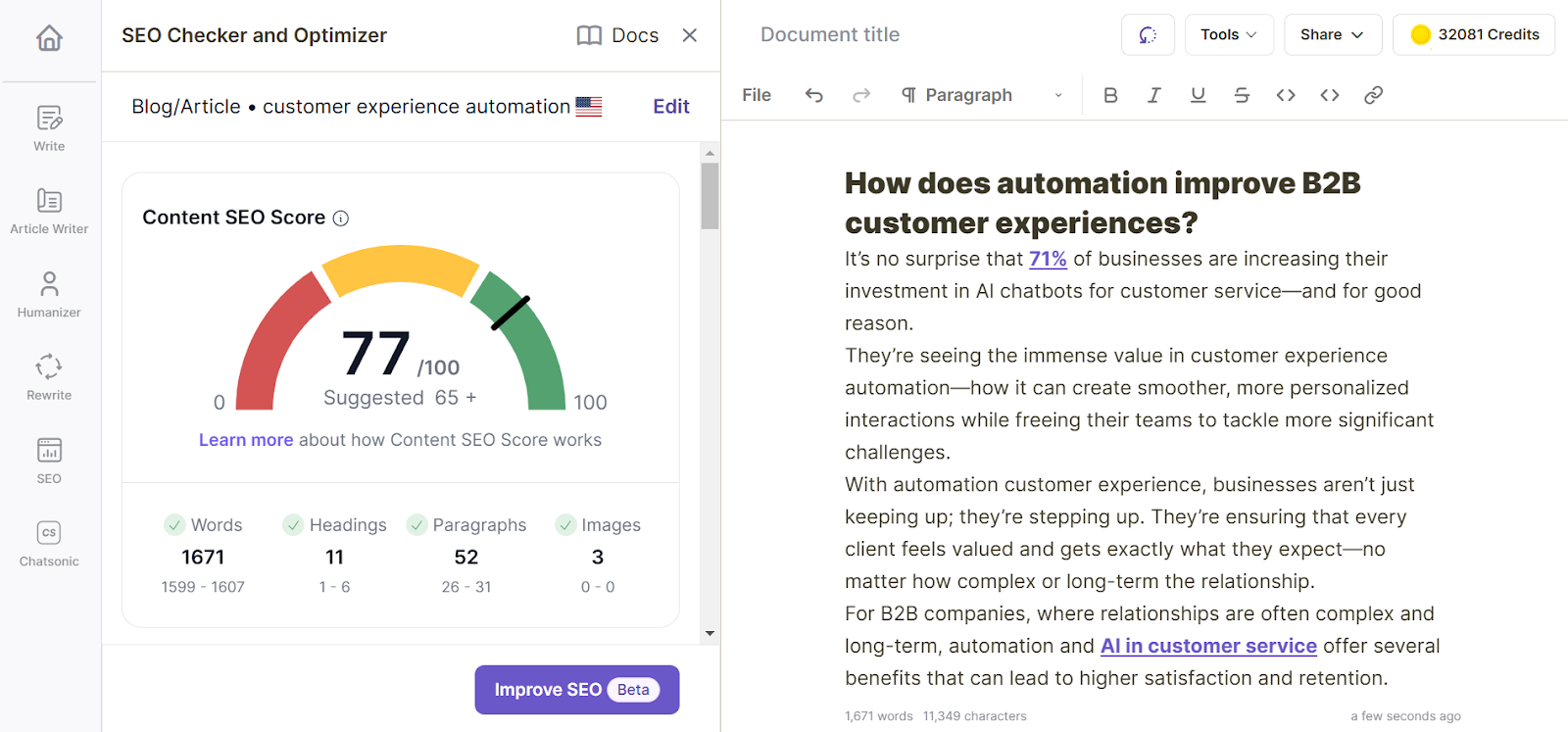 Use Writesonic's SEO Checker and Optimizer to optimize blog content.