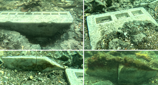 Remains of ancient altars and inscribed marble slabs were discovered sumberged underwater