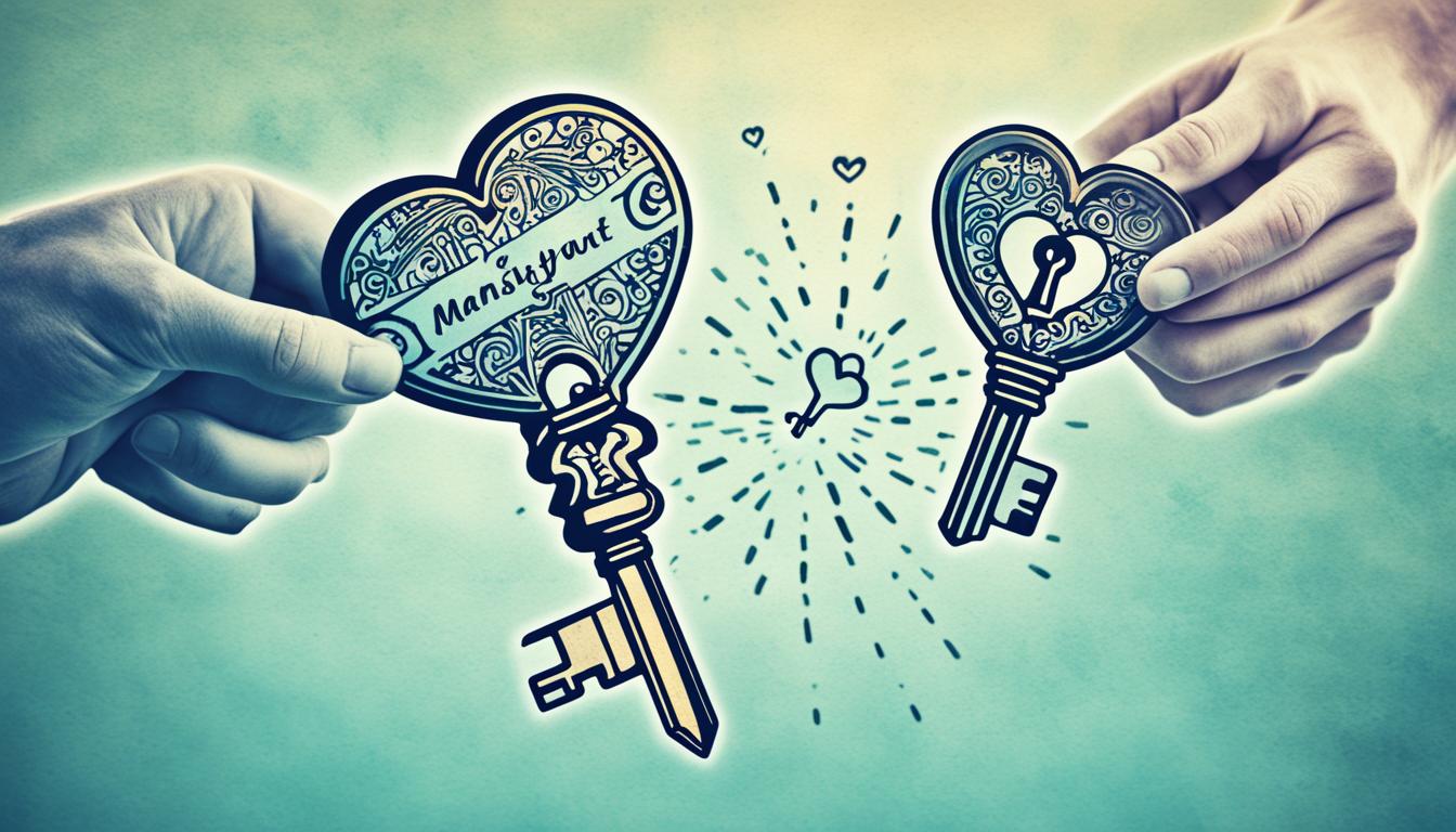 An image of two hands holding a heart-shaped key, with one hand representing the action of letting go and the other hand representing the intention of reconciliation. The background should be a blurred image of a couple walking away from each other, symbolizing the past. The key should have the words "Manifest Your Ex Back" etched into it. The overall color scheme should be blue and green, representing calmness and growth.