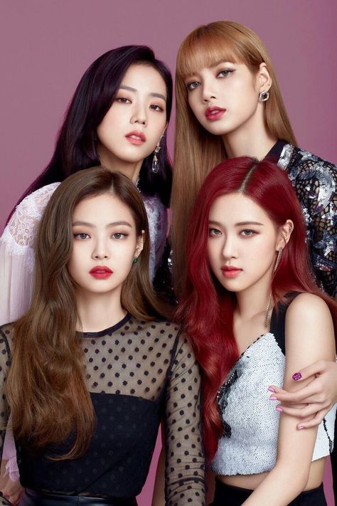 This  contain an image of   BLACKPINK's Jennie's members   with long hair standing next to each other in front of a pink background