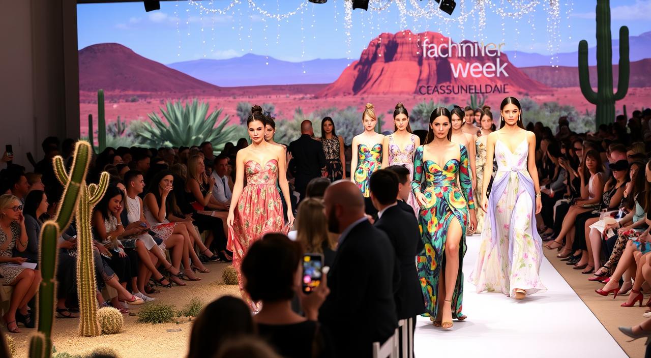 A vibrant scene of a designer showcase at Scottsdale Fashion Week, featuring elegant models strutting down a runway adorned with sparkling lights and desert-themed decor, showcasing an array of colorful, high-fashion clothing, surrounded by an upscale audience dressed in stylish outfits, with cacti and desert landscapes subtly integrated into the background.