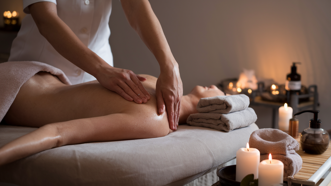 Create a realistic image of a close-up view of hands performing various massage techniques on a shoulder or back, showing proper finger positioning and pressure application, with massage oil visible, in a softly lit room with neutral-colored massage table, surrounded by a few massage accessories like towels and scented candles, creating a professional and educational atmosphere.
