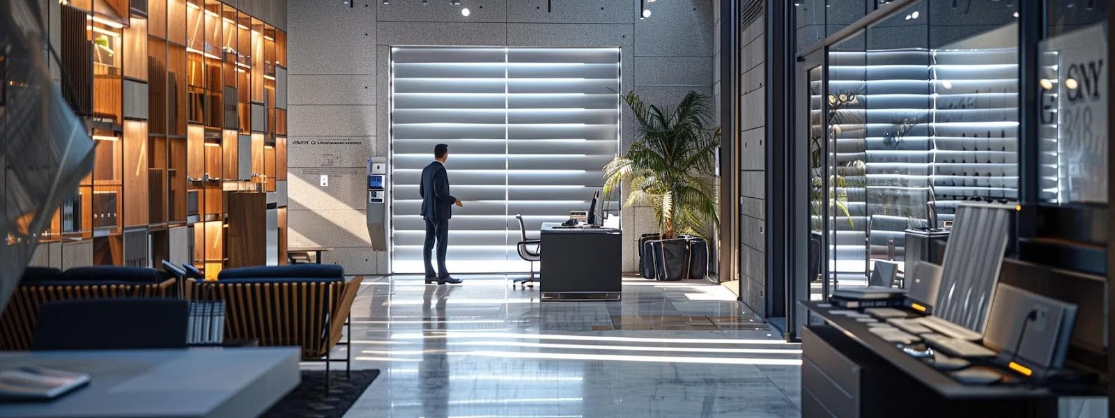 Modern office interior featuring a man in a suit standing near large horizontal blinds, surrounded by sleek furniture, a desk, and decorative plants, emphasizing a professional environment suitable for security feature discussions.