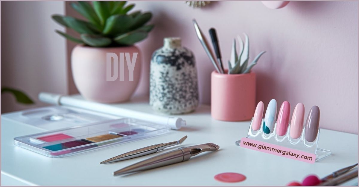 Nail art tutorial setup with brushes, polish, and decor on a pink backdrop, ready for creative designs.