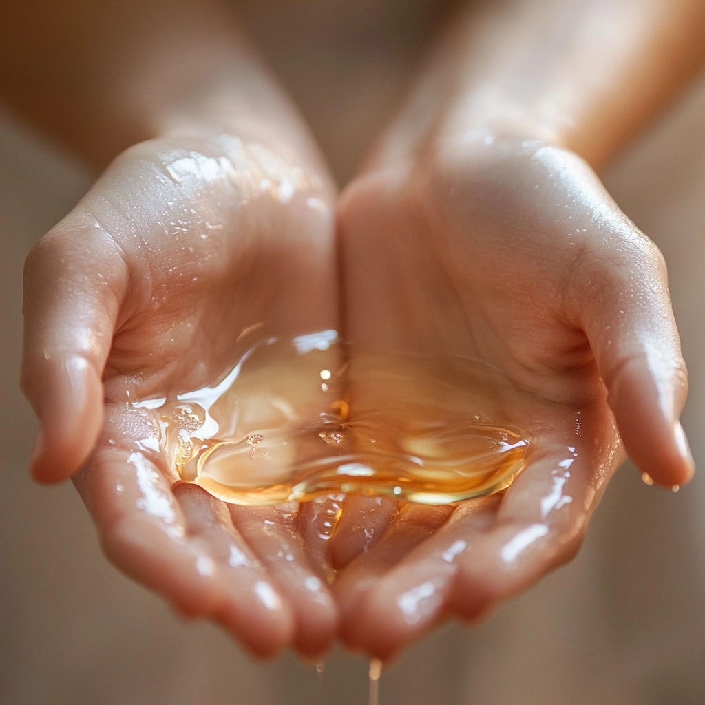 White woman holding body oil in her hands