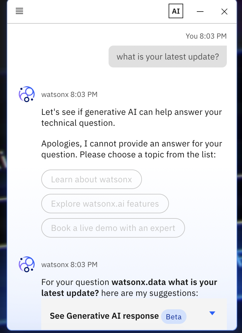 IBM WatsonX.AI Conversational AI Chatbot on the website