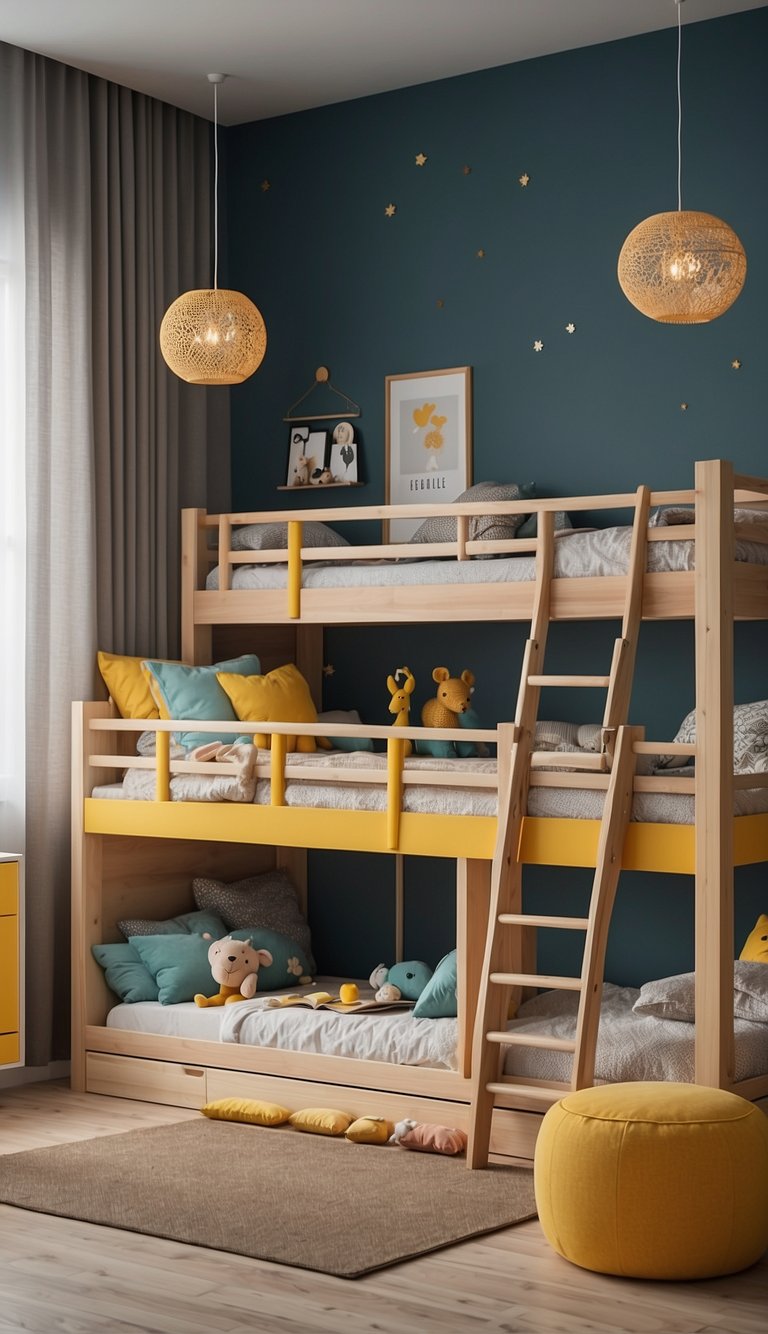 A spacious luxury kids bedroom with modern furniture, vibrant colors, and playful accents. Functional storage solutions and stylish decor create a comfortable and inviting space for children to play and rest