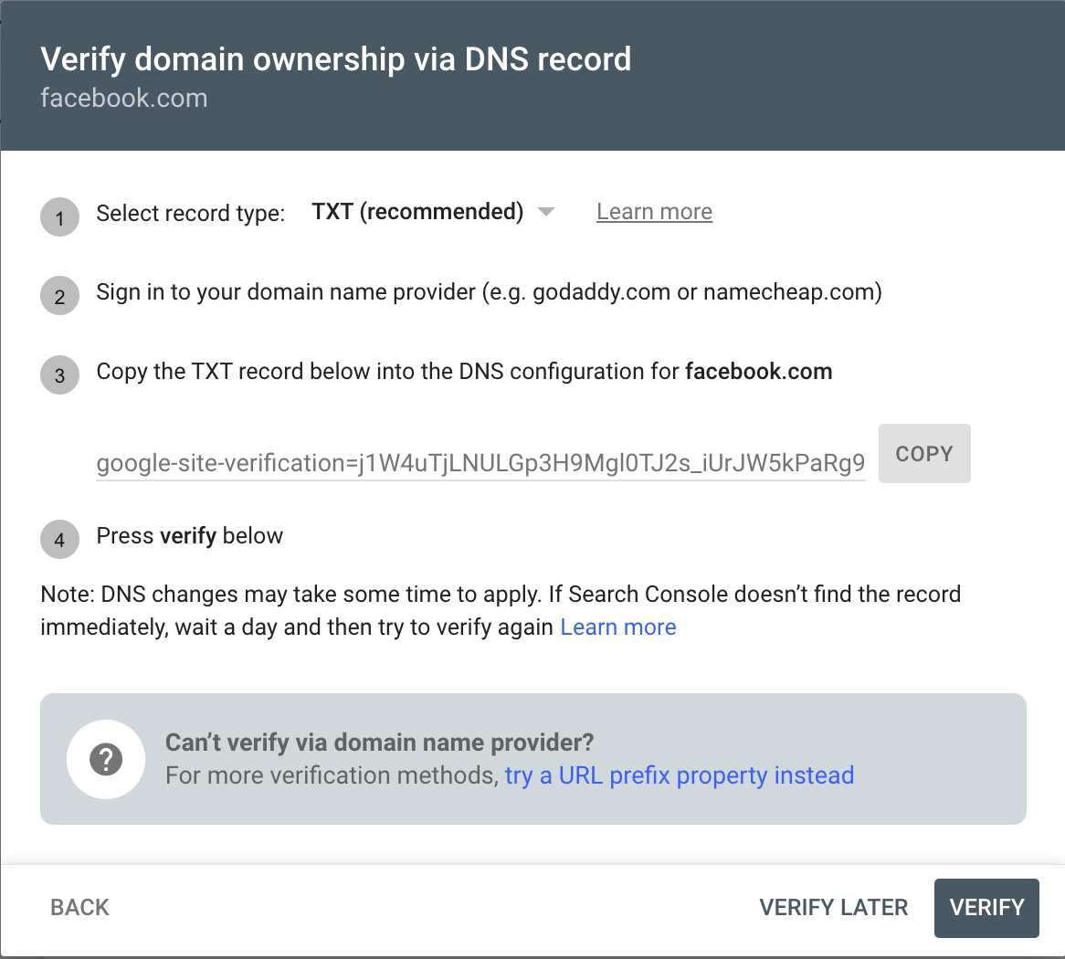 contoh verifikasi url prefix di google search console 