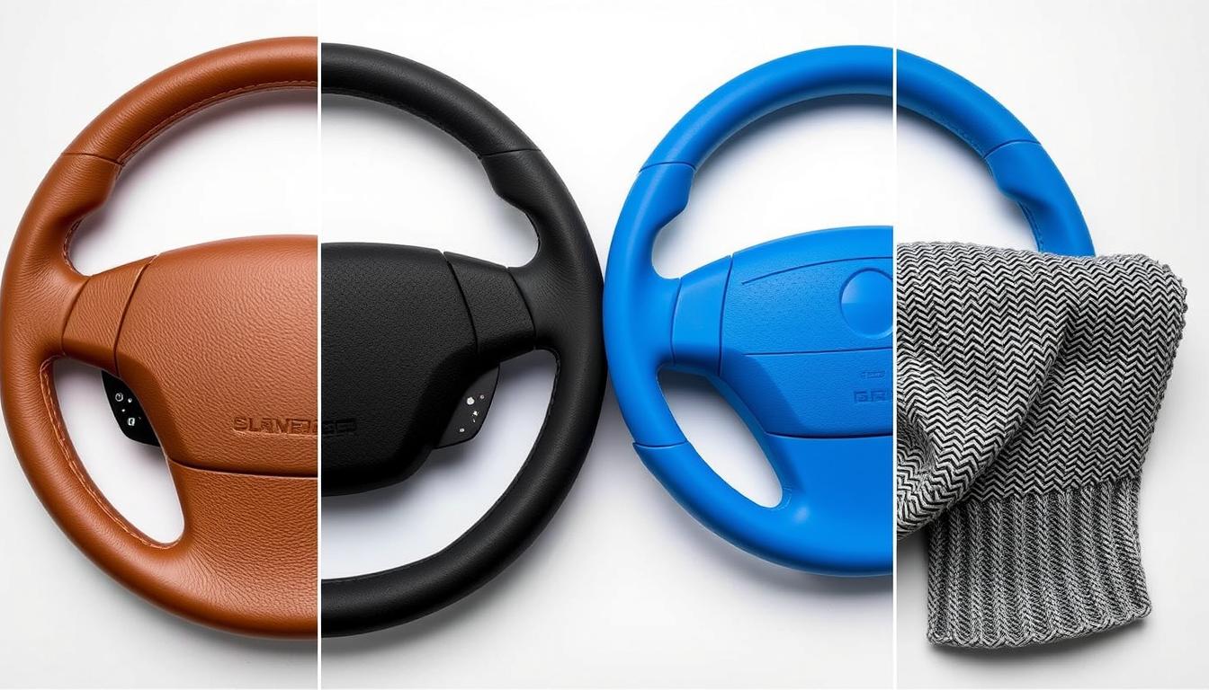 Different types of steering wheel covers made from leather, neoprene, silicone, and knitted materials