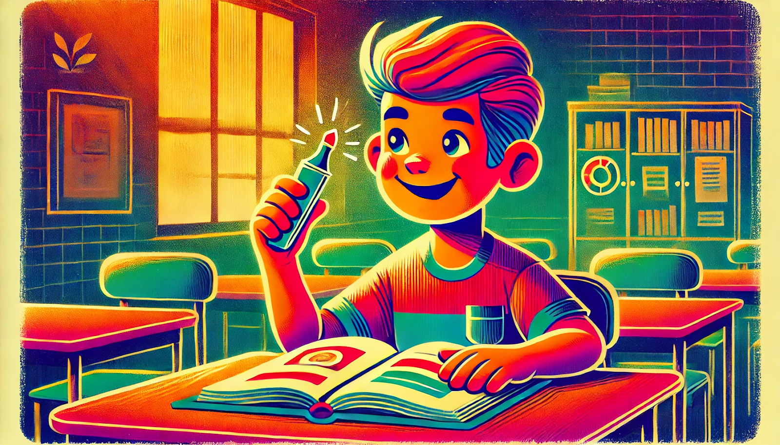 A boy holding a highlighter sitting at a desk with a book in front of him