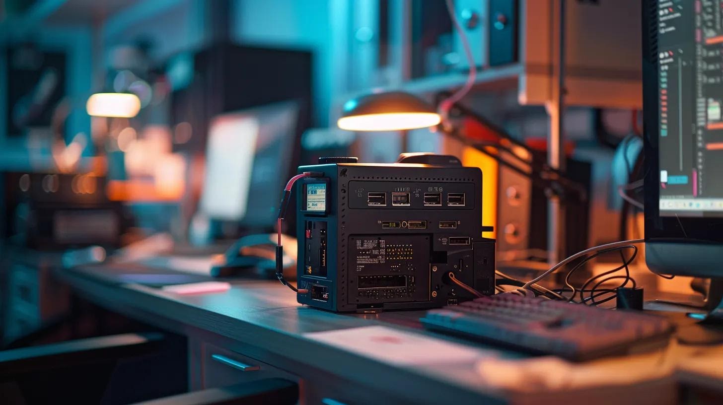 a sleek fusion splicer sits prominently on a polished workstation, bathed in soft, focused lighting, showcasing its advanced features and digital interface against a blurred backdrop of fibre optic cables.