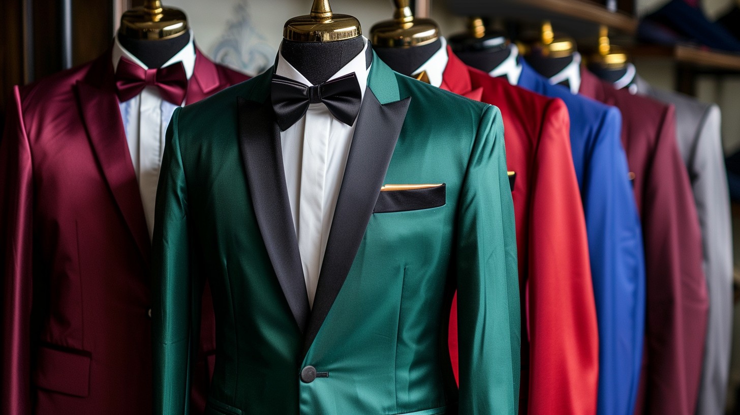 Men’s formal suits in bold colors like emerald green, burgundy, royal blue, and metallic gold and silver. Sharp, modern style perfect for prom or formal events, with rich textures and vibrant hues."