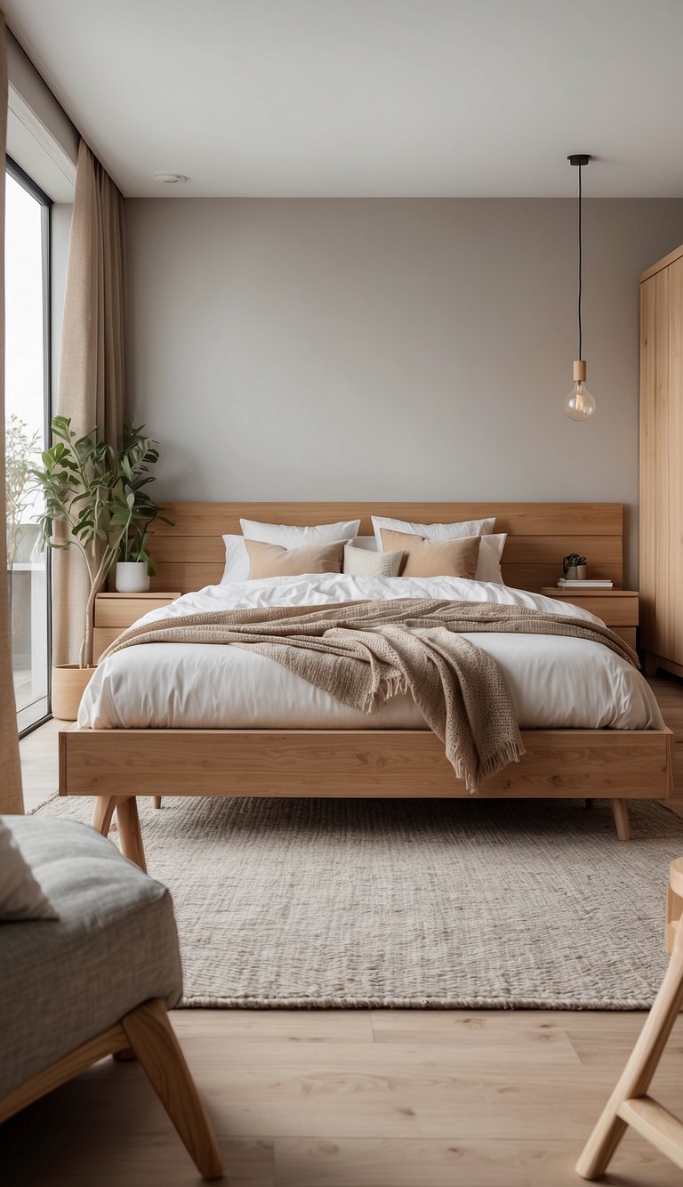 A simple bedroom with neutral colors and minimal wooden furniture