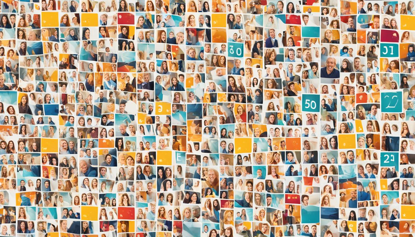 A collage of diverse people smiling in different settings (e.g. at work, at home, outdoors) with a subtle glow effect. Incorporate the number 369 into the image in a creative way (e.g. as a clock, as a pattern, as a background element). Use warm and bright colors to convey happiness and success. Add some abstract geometric shapes to symbolize manifestation and transformation.