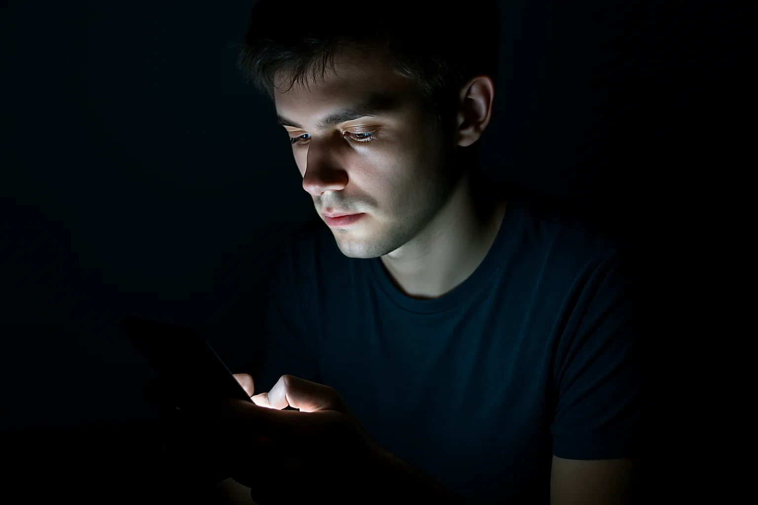 Person using phone in dark room showing screen time effects