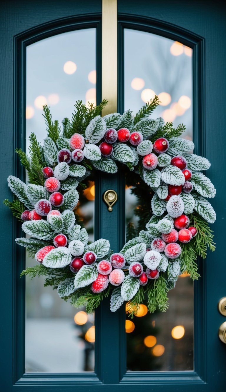 A wreath made of frosted cranberries and greenery hangs on a door