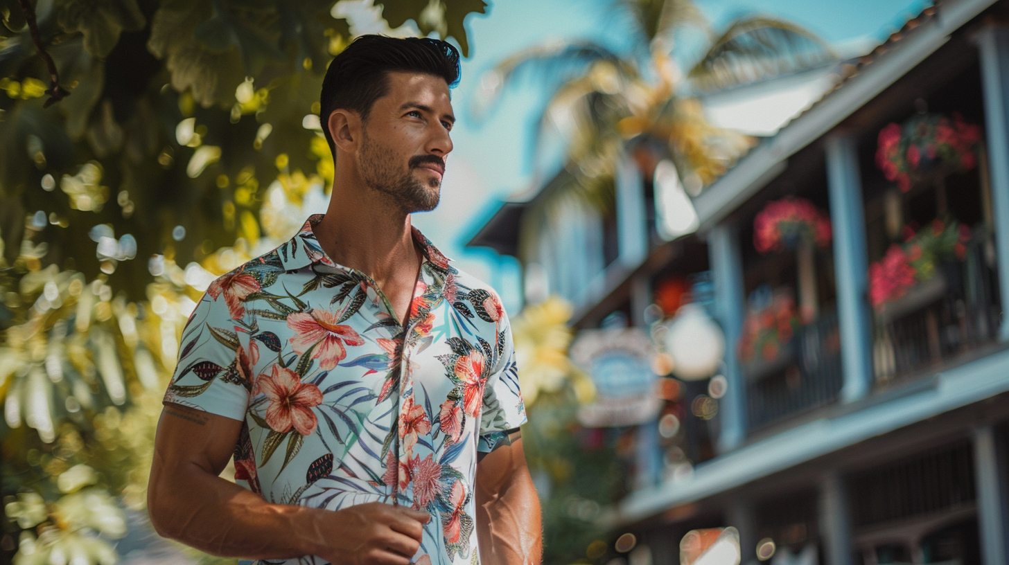 Man in a patterned short-sleeve shirt, styled for warm weather, casual setting like a park or tropical street scene.