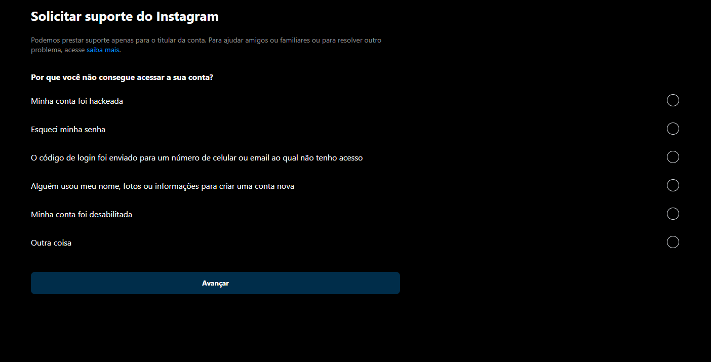 Print screen de solicitação de suporte ao Instagram.