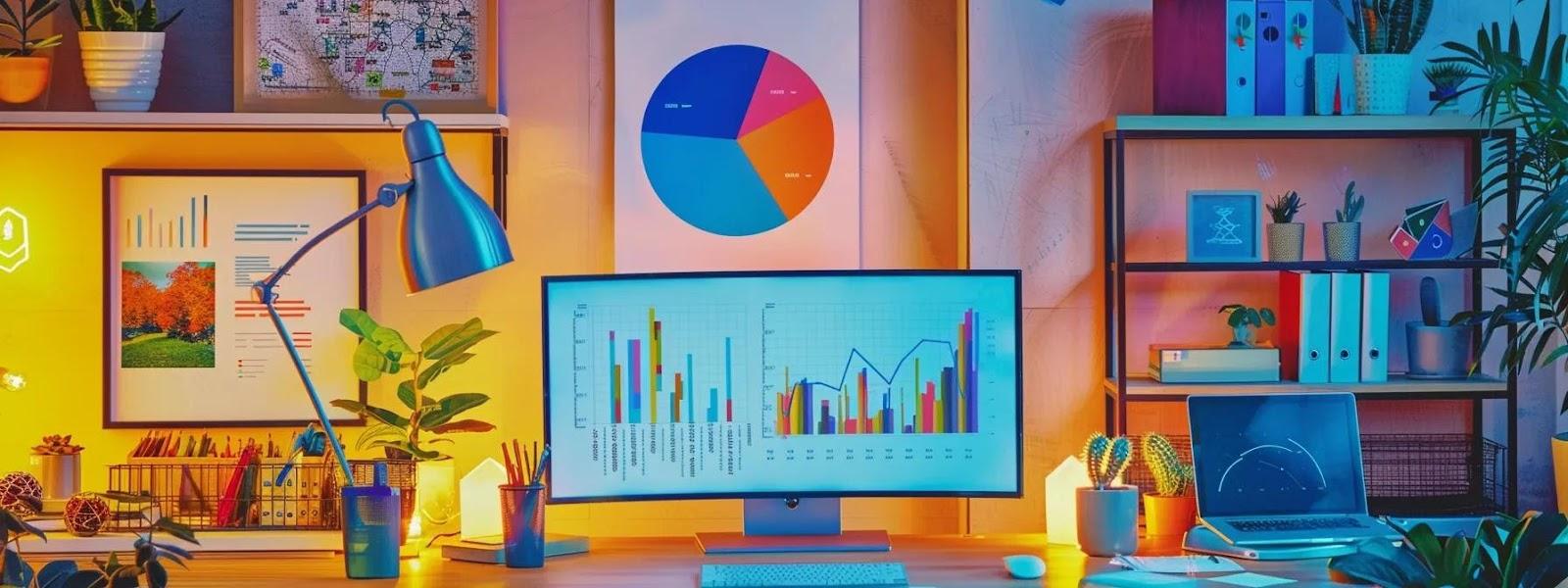 a vibrant, focused image depicting a meticulously organized workspace adorned with colorful graphs and charts, symbolizing effective budget management strategies for optimizing google ads in the remodeling services sector, illuminated by soft, natural light.