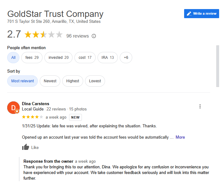 GoldStar Trust Company reviews on Google