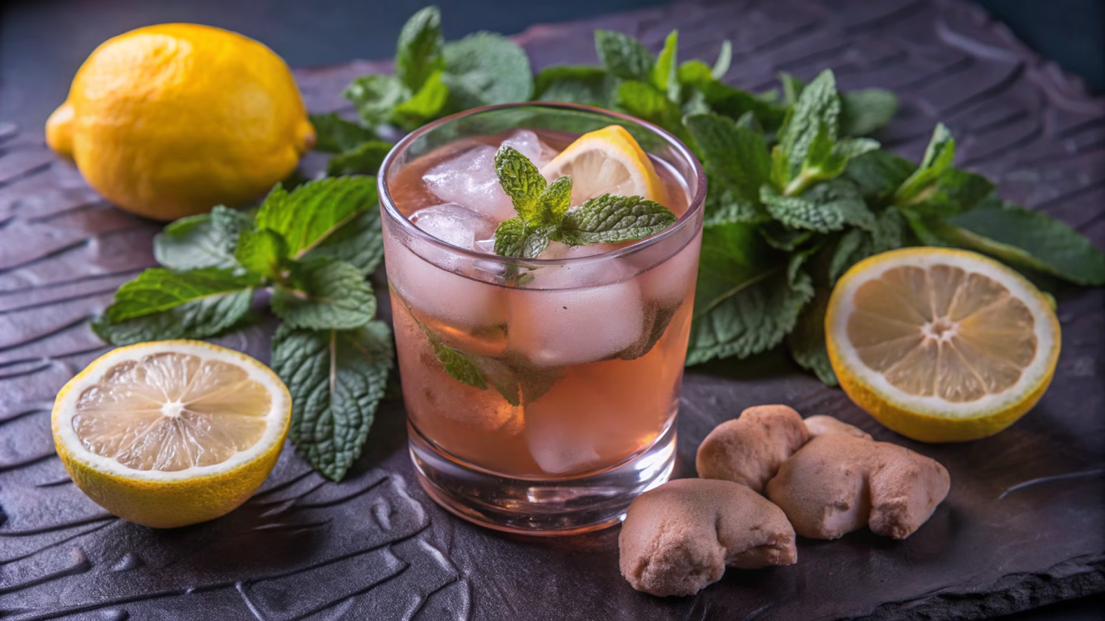 Suco refrescante de gengibre com limão e hortelã.