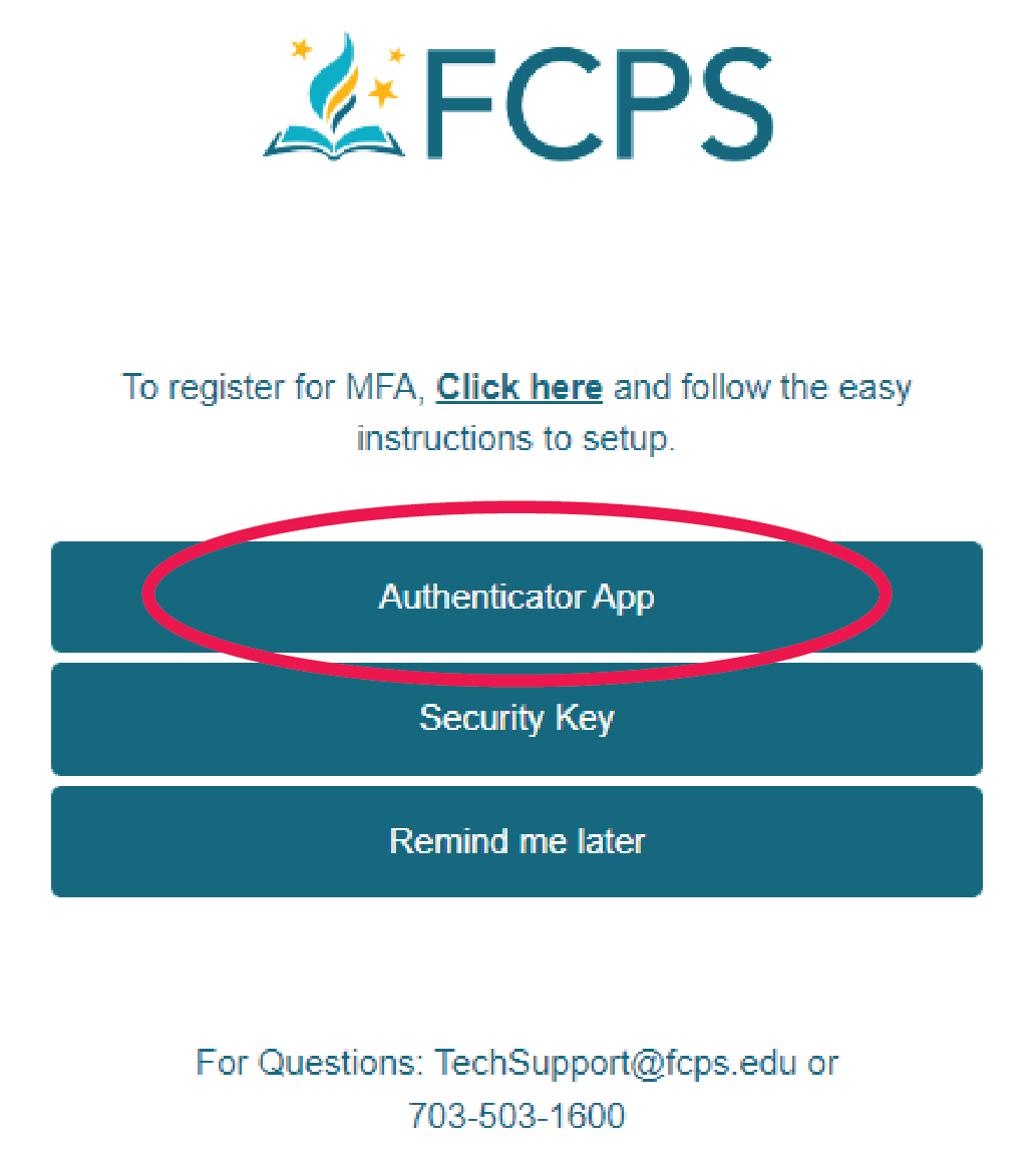 A screenshotof FCPS MyTime to select the option “Authenticator App”